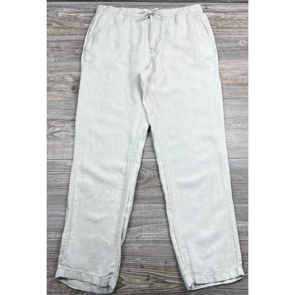 H&M Linen Pants Women's L Beige‎ Drawstring/Zip Coastal Casual Minimalist 36x30